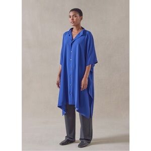 ESKANDAR Silk Long Kaftan Shirt Dress in Lapis